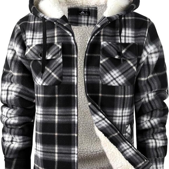 Men's Black White Sherpa Lined Flannel Shirt Jacket - Comfort & Style, Large - Picture 1 of 5